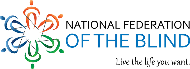 A picture of the NFB logo. The logo is green, red blue and looks something like a flower with 6 petals, each having a dot on the tip. It’s labeled with National Federation of the Blind and on the bottom right is their slogan, “Live the life you want.