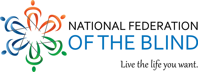 A picture of the NFB logo. The logo is green, red blue and looks something like a flower with 6 petals, each having a dot on the tip. It’s labeled with National Federation of the Blind and on the bottom right is their slogan, “Live the life you want. 