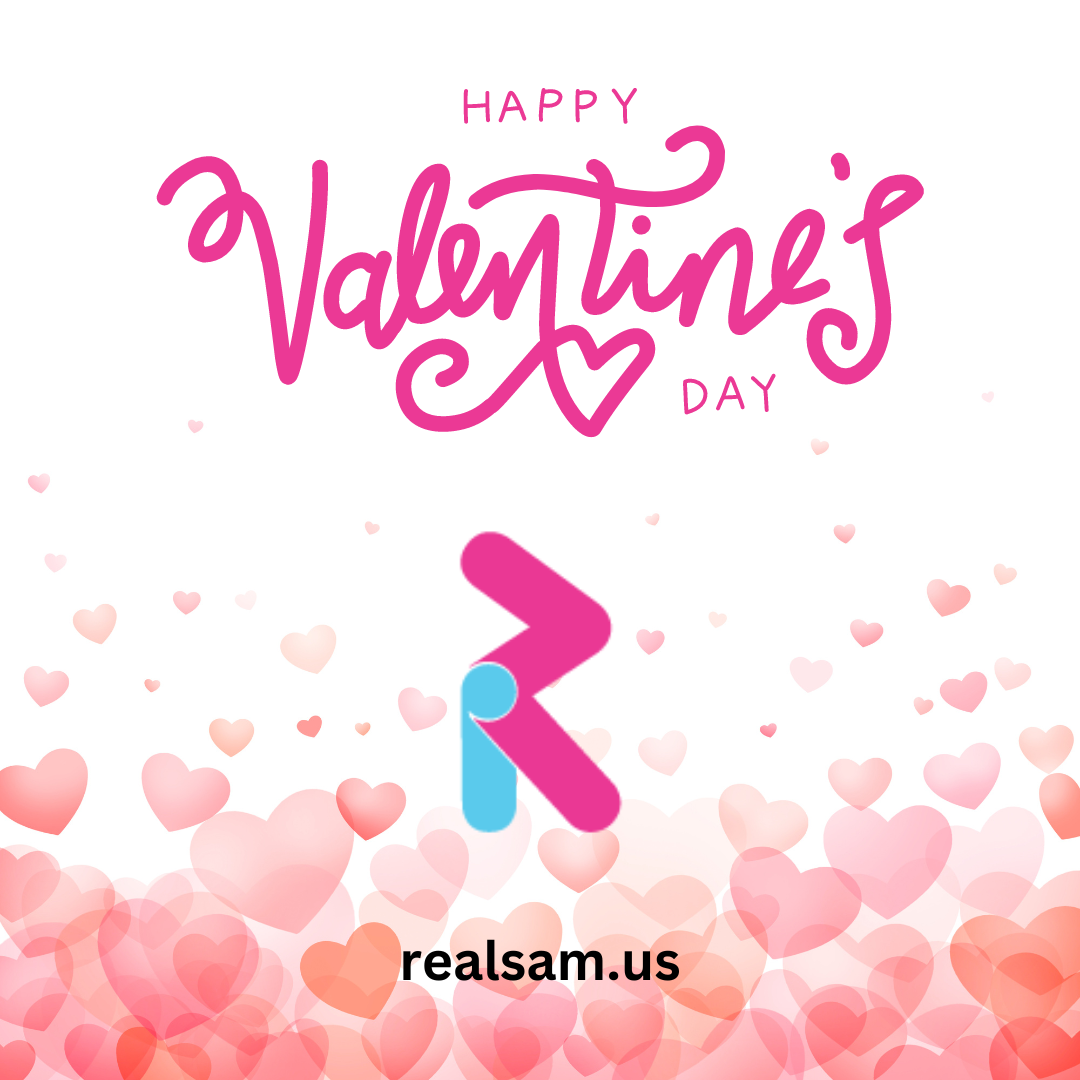 "Happy Valentine’s Day" written in pink print and cursive letters with a heart. The RealSAM logo "realsam.co.uk" underneath. The background is white with a bunch of pink hearts at the bottom. - 4 Ways RealSAM Pocket Can Help on Valentine's Day