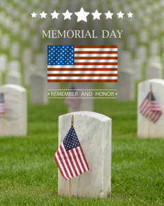 Memorial Day tribute with rows of grave markers adorned with American flags. The text "Remember and Honor" sit above the stone, evoking a respectful tone. For a blog post concerning vision loss veterans support.