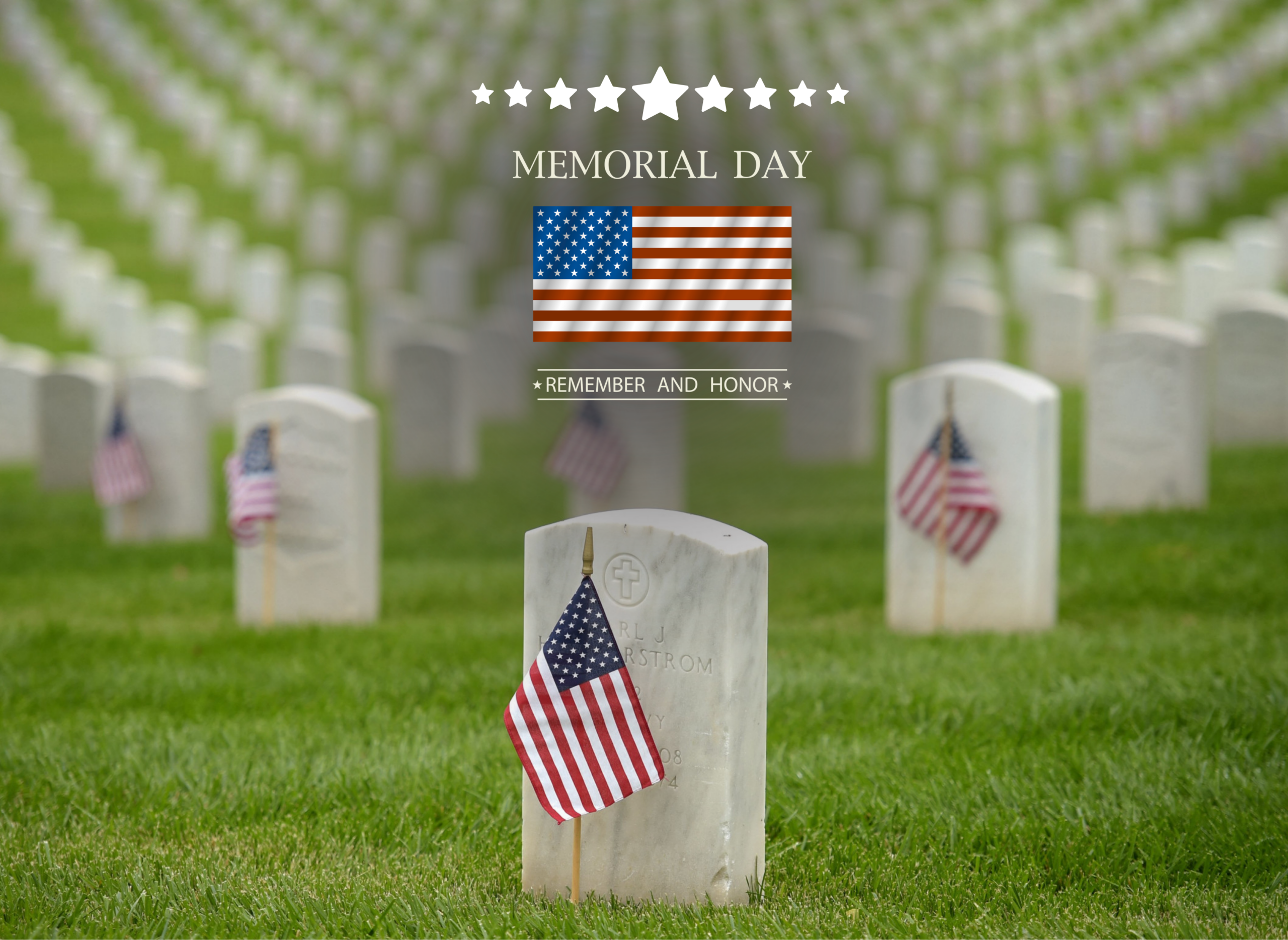 Memorial Day tribute with rows of grave markers adorned with American flags. The text "Remember and Honor" sit above the stone, evoking a respectful tone. For a blog post concerning vision loss veterans support.