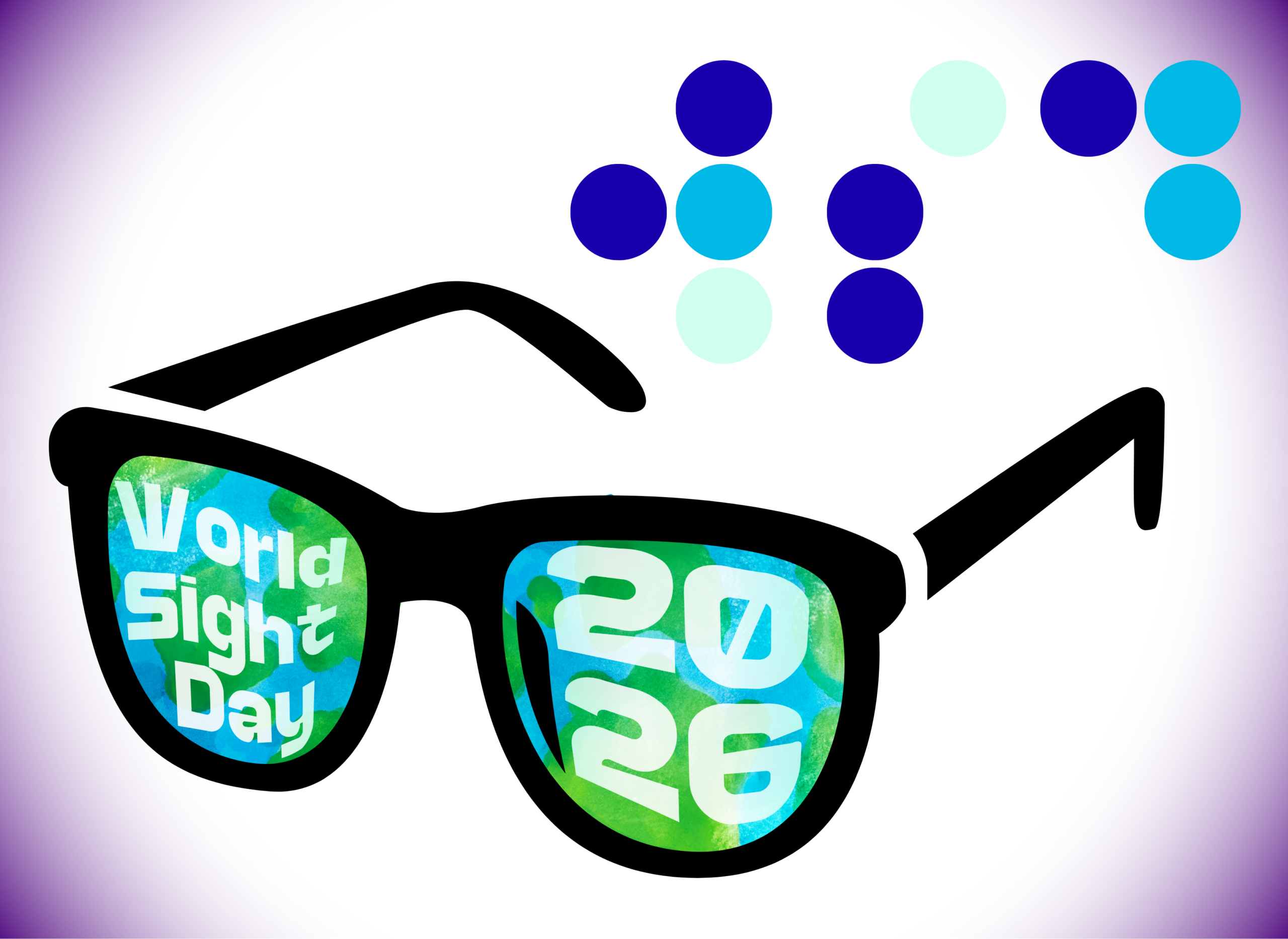 Black eyeglasses display “World Sight Day 2026” in the lenses , with colourful dots above on a white background; playful, upbeat design.